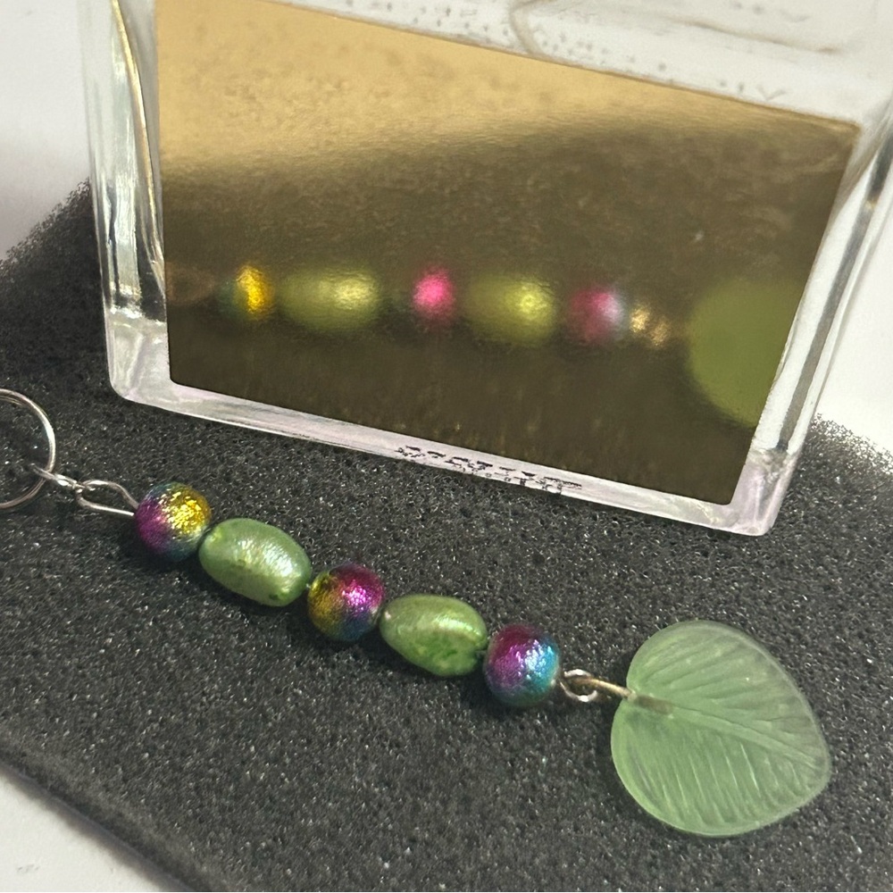 Handmade Rainbow and Pearl Beaded Keychain with Glass Leaf Charm